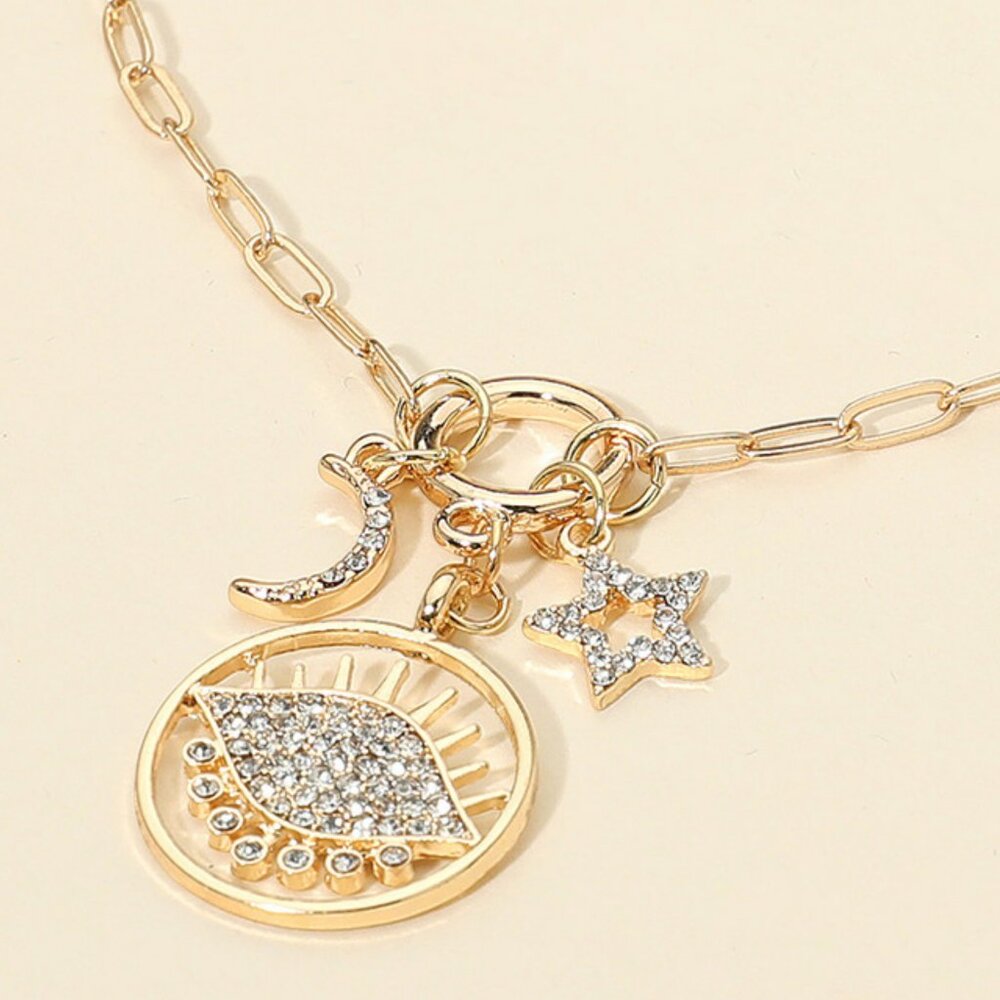 NEW Rhinestone EVIL EYE Celestial Charm Necklace Star Moon Silver or Gold Dipped